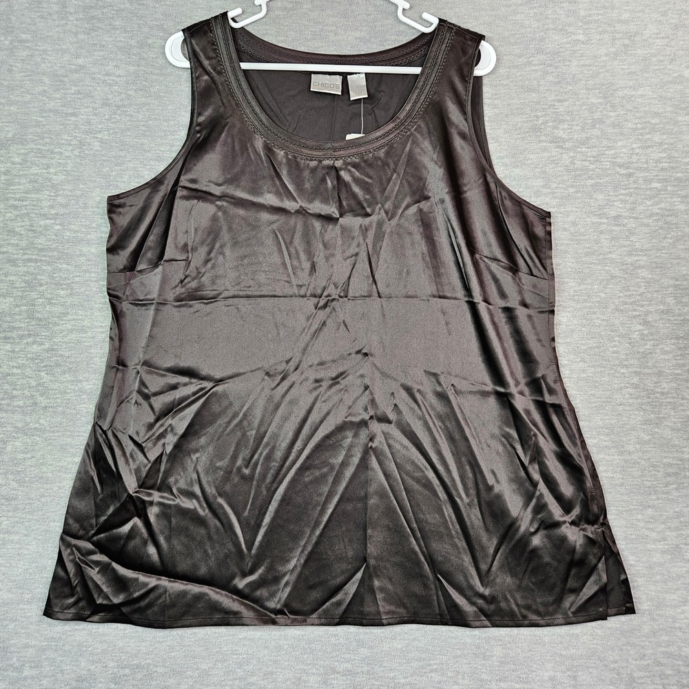 Chico's Sophisticate Shell Black Satin Tank Top Sleeveless Blouse Size 3 XL